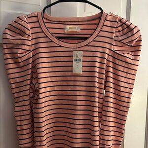 Anthropologie Maeve Pink and Brown  Striped Long puff Sleeve Top